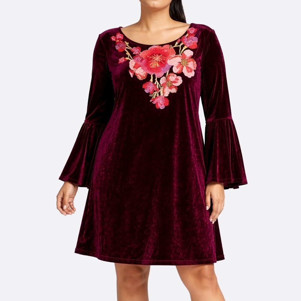 MSK Velvet‎ Bell Sleeve Dress Burgundy Floral Embroidered Whimsigoth L 0X 1X